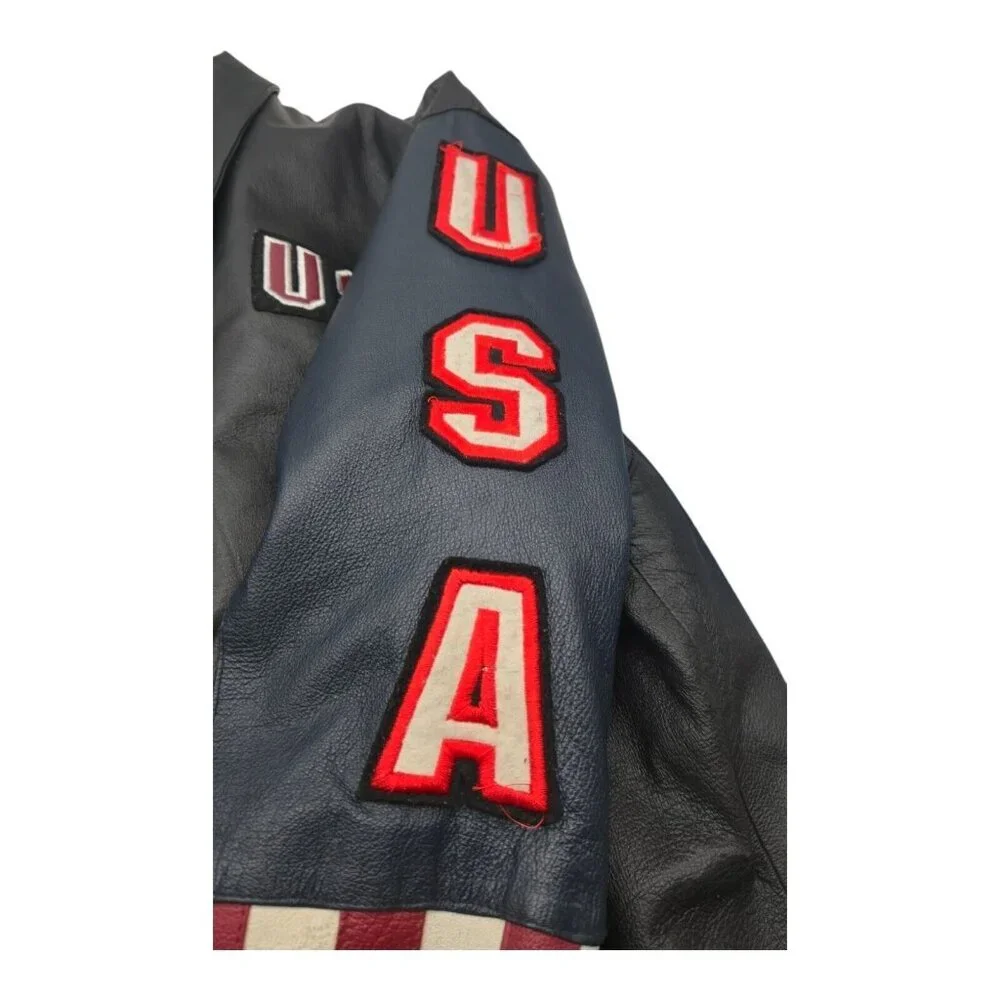 American Leather Jacket Men 2XL Multicolor USA Flag Eagle Bomber Biker Oversized - Picture 9 of 16
